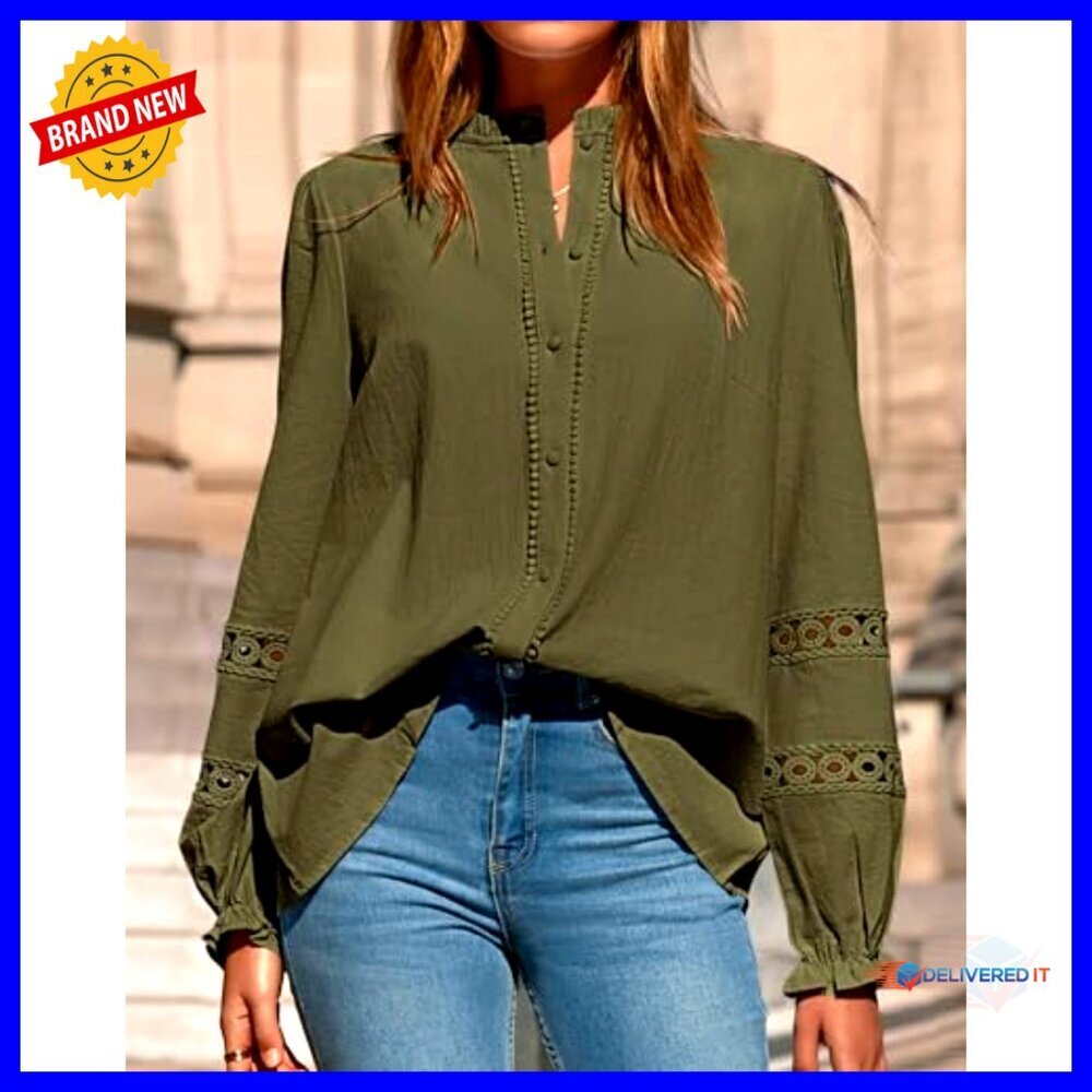 Long Sleeve Cotton Eyelet Blouse, Boho Button-Up Shirt, Spring Top - Picture 5 of 7
